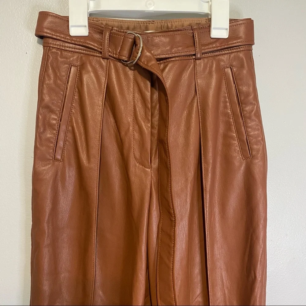 Babaton Women's Brown Belted Faux Leather Dress Pants Size 2 - Picture 2 of 10